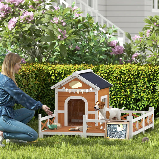 Outdoor Wooden Dog House with Large Porch, Orange