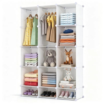 3-Cube Modular Kids Closet with Hanging Rods, Tool-Free Assembly, White