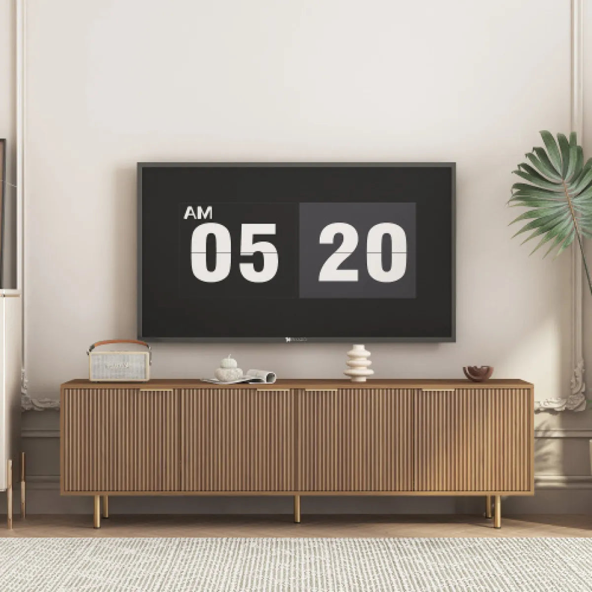 68" Fluted Wood TV Stand – Entertainment Center with Storage Doors, Wood Grain