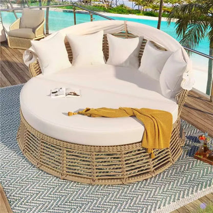 Round Wicker Outdoor Daybed with Retractable Canopy and Removable Cushions, Beige
