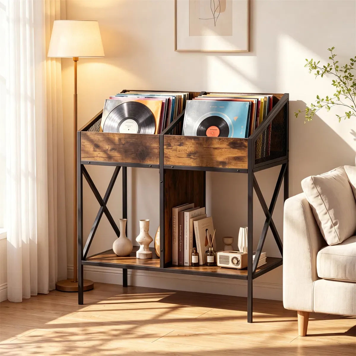 2-Tier Industrial Vinyl Record Storage Rack with Anti-Tipping Kit, Wood and Metal