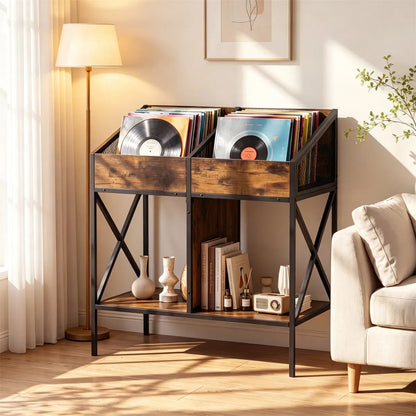 2-Tier Industrial Vinyl Record Storage Rack with Anti-Tipping Kit, Wood and Metal