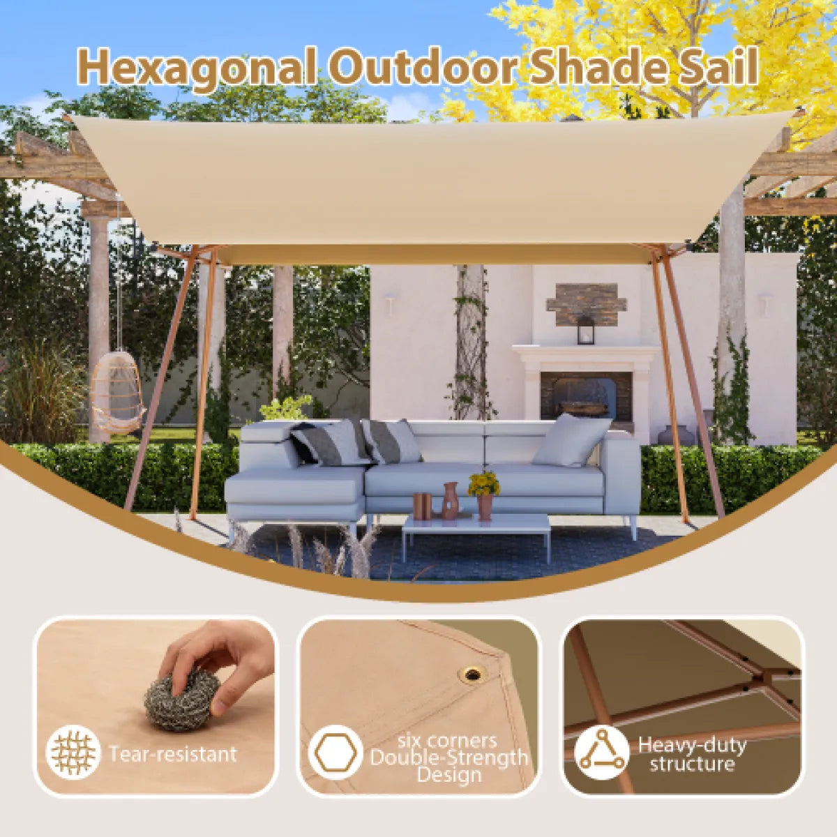 Hexagonal Sun Shade Sail Canopy with Rust-Resistant Poles, Light Khaki