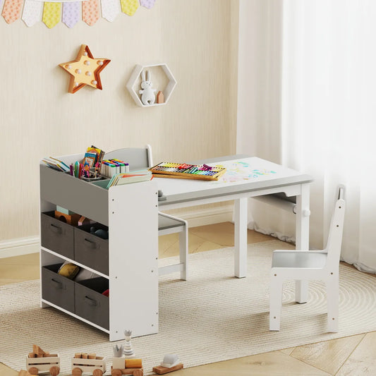 Kids Desk and Chair Set with Paper Roll – Activity Craft Table with Storage, Gray