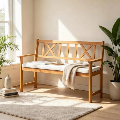 2-Person Acacia Wood Outdoor Loveseat Bench with Removable White Cushion