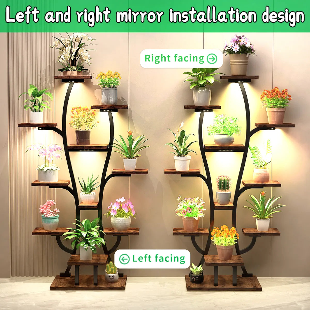 Vase-Shape Metal Plant Stand with Grow Lights, Black Walnut