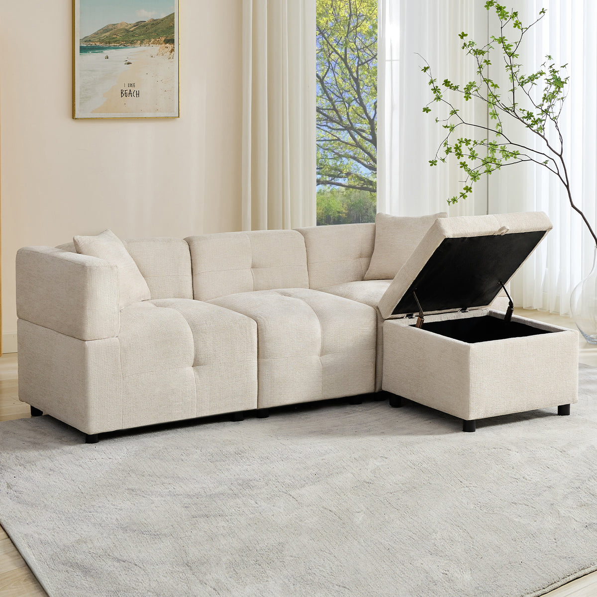 L-shaped corner sofa with modular footstool, beige