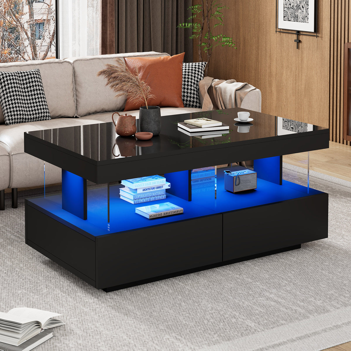High-gloss LED coffee table with drawers, black