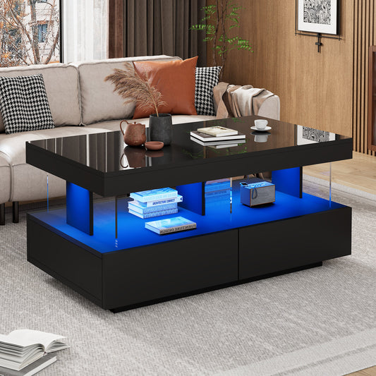 High-gloss LED coffee table with drawers, black
