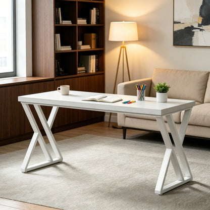 Industrial writing desk with Z-shaped legs, rustic wood and black