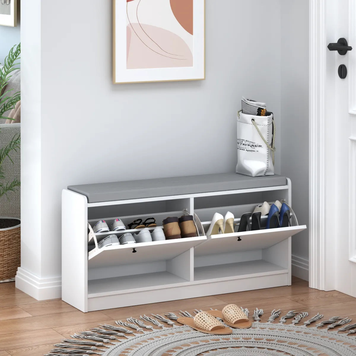 Cushioned Shoe Storage Bench with Cabinet for Entryway – view 5