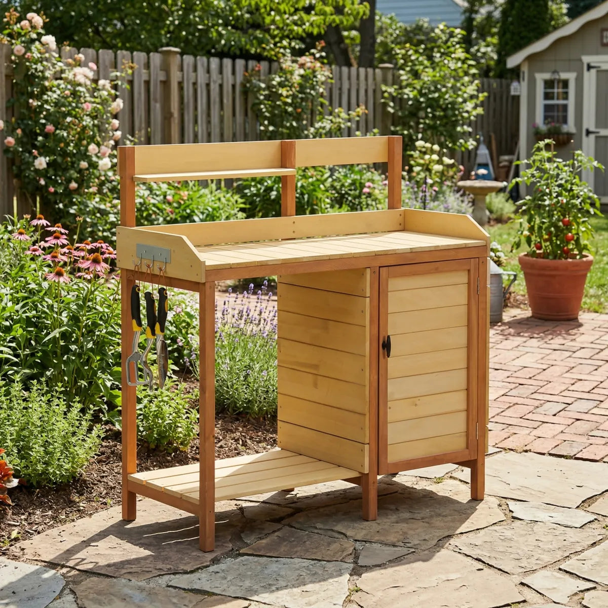 Outdoor Wooden Potting Bench Table with Sink & Storage