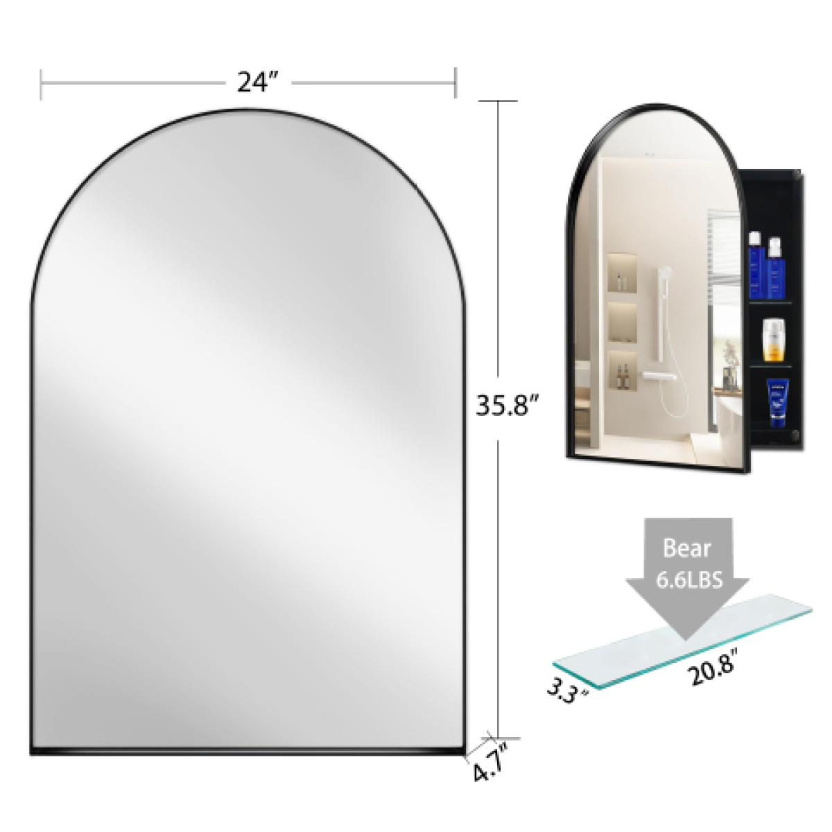 24x36 Arched Recessed Medicine Cabinet – Metal Framed Mirror, Matte Black Bathroom Storage – view 4