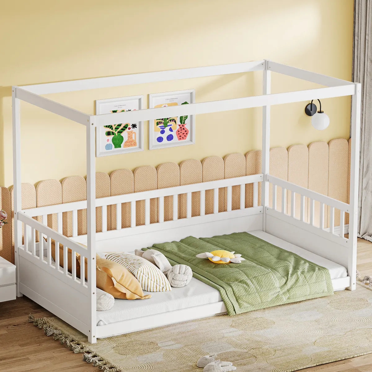 Twin Canopy Bed Frame with Guardrails, Kids Montessori Floor Bed – view 3