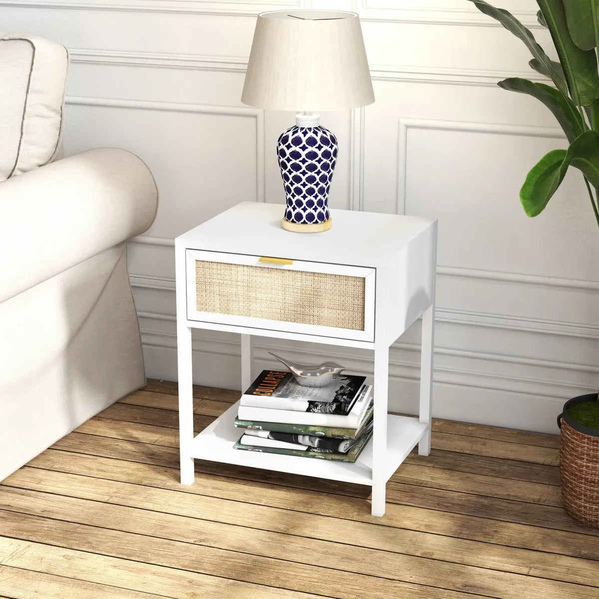Boho Nightstand with Rattan Drawer and Open Shelf – Bedside Table