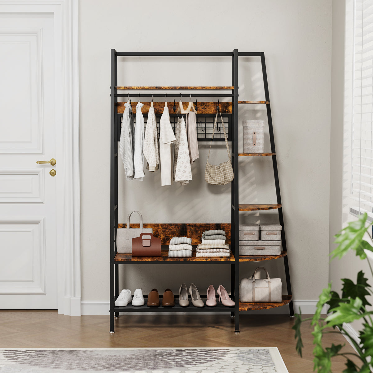 Industrial open coat rack with shelves