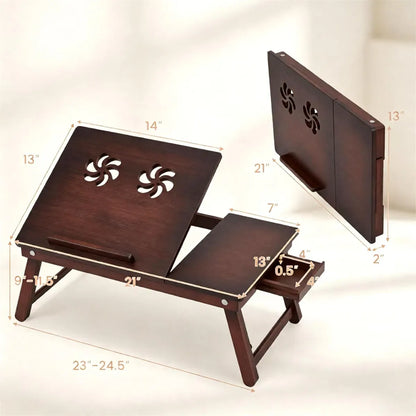Adjustable Bamboo Laptop Bed Tray with Storage Drawer – Foldable Breakfast Table