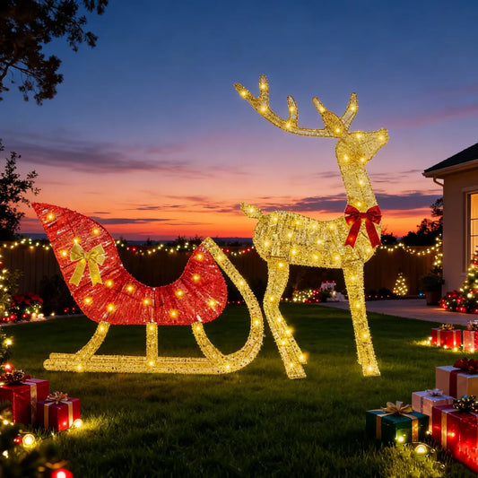 Christmas Reindeer & Sleigh Lawn Decoration with LED Lights