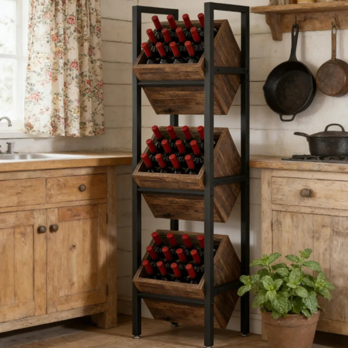 Industrial Wine Rack Cabinet – 36-Bottle Freestanding Storage, Rustic Brown – view 5