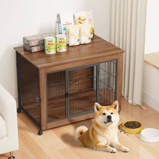 Dog Crate Furniture End Table with Wheels, Brown