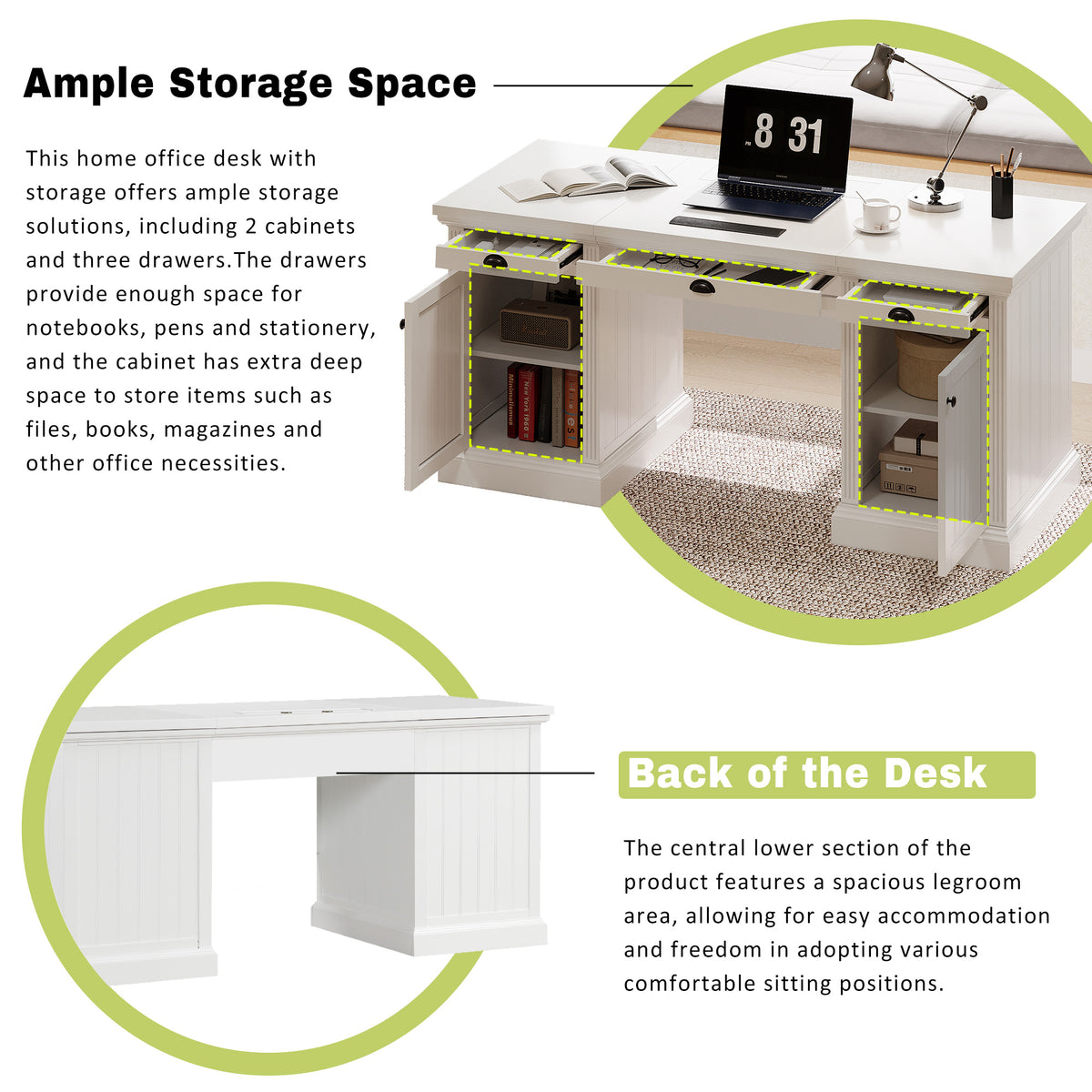 67 inch executive desk with cabinet and drawers, white