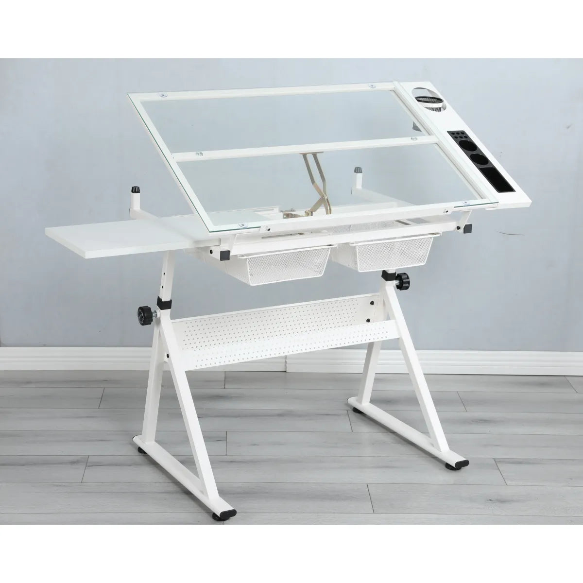 Adjustable Tempered Glass Drafting Table with Chair, White
