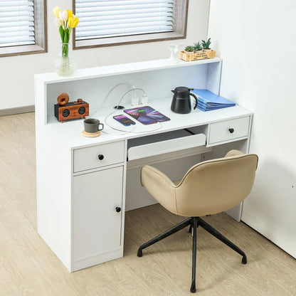 Modern Reception Desk with LED Lighting and Drawers, White