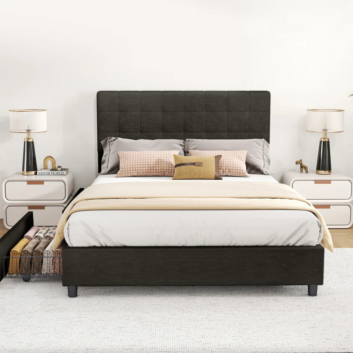 Queen Upholstered Vertical Channel Bed Frame with Storage Drawers – view 5