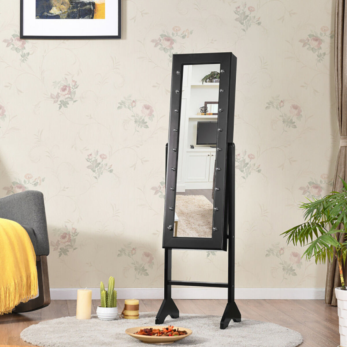 Mirrored Standing Jewelry Armoire – LED Lights, Bedroom Storage – view 3