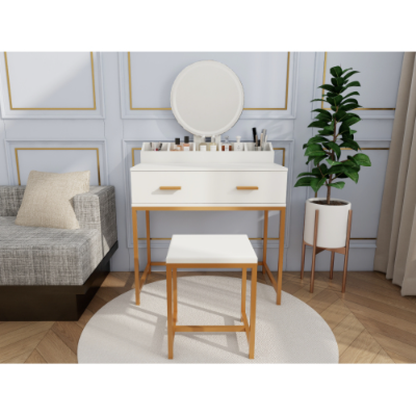 Space-saving vanity set with mirror, stool, and storage drawer