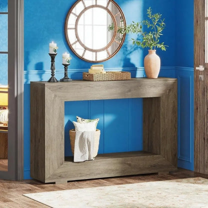 Weathered Grey Wood Console Table with Storage Shelf
