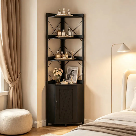 Corner Display Bookcase with Concealed Cabinet, Black