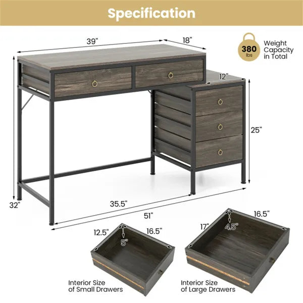Dual desktop desk with 5 storage drawers