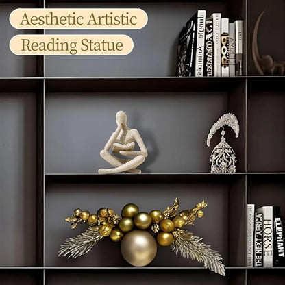 Beige Abstract Thinker Statue, Modern Reading Sculpture Figurine for Shelf and Desk
