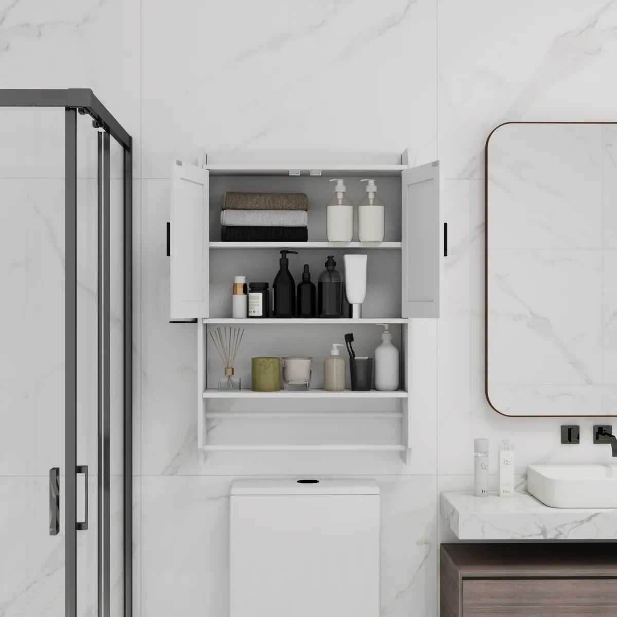 Bathroom Wall Cabinet with Adjustable Shelf, Towel Bar and Paper Holder, White