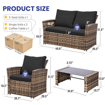 4-Piece Wicker Rattan Patio Conversation Set with Glass Table, Brown