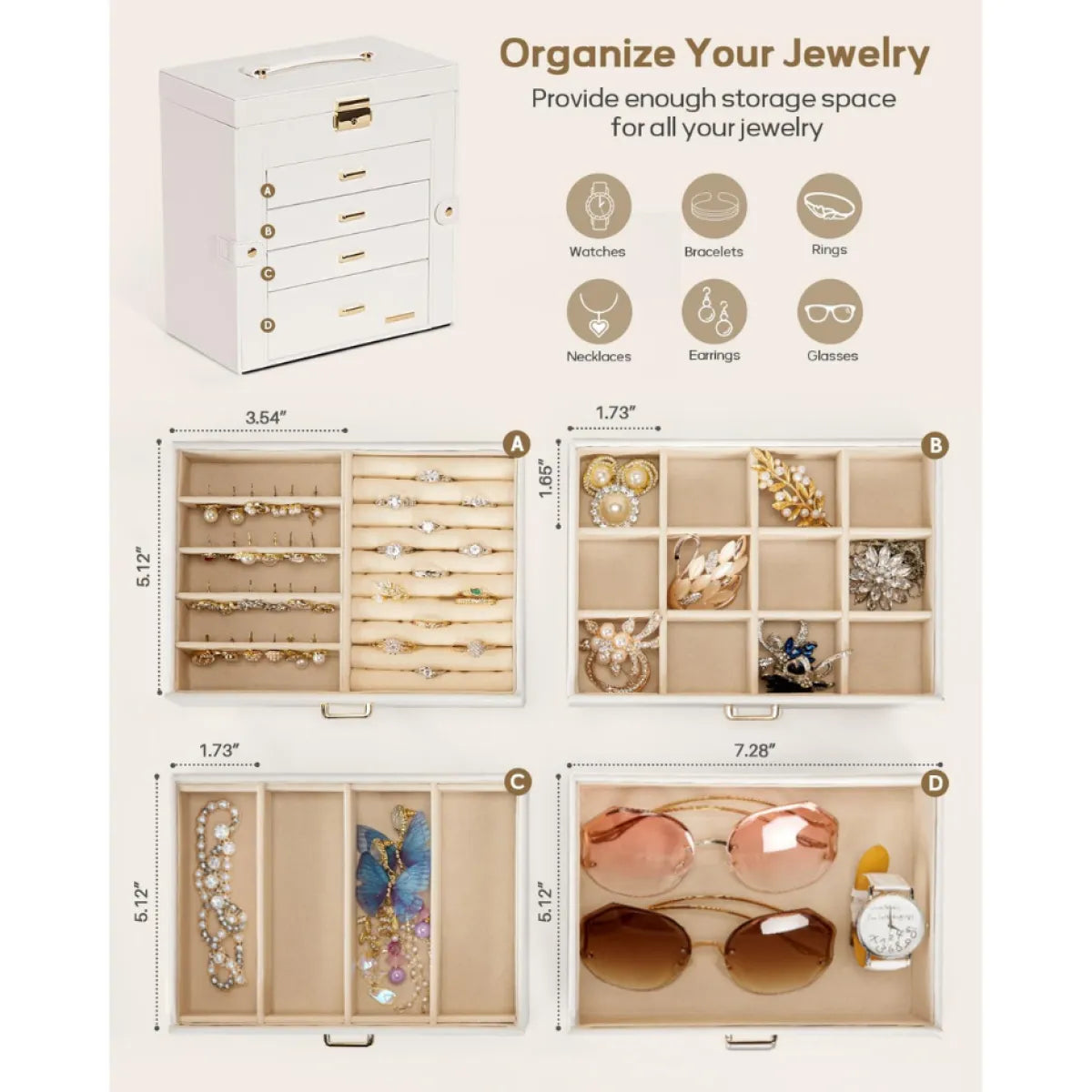 5-Layer Jewelry Organizer Box with Lock, White and Gold