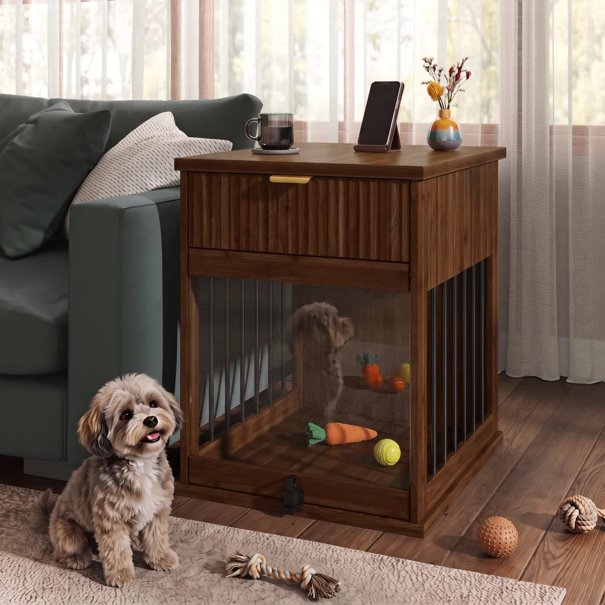 Dog Crate End Table with Charging Station, Wooden Pet Cabinet with Hideaway Glass Door