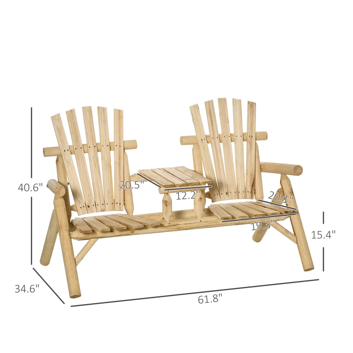 2-Seat Wooden Adirondack Loveseat Bench with Table, Natural