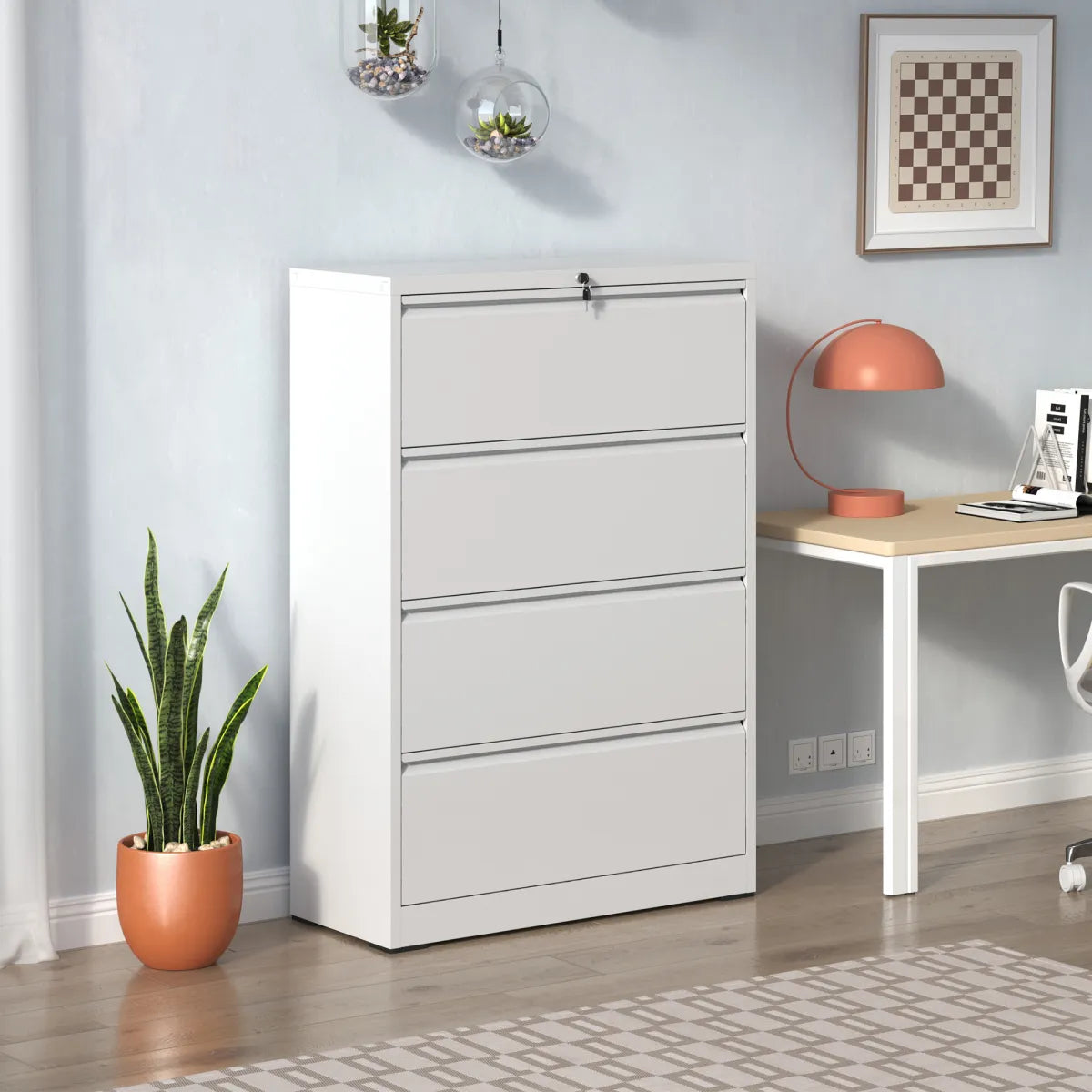 4-Drawer Lateral Metal File Cabinet with Lock, White, Heavy Duty