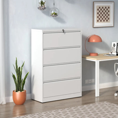 4-Drawer Lateral Metal File Cabinet with Lock, White, Heavy Duty