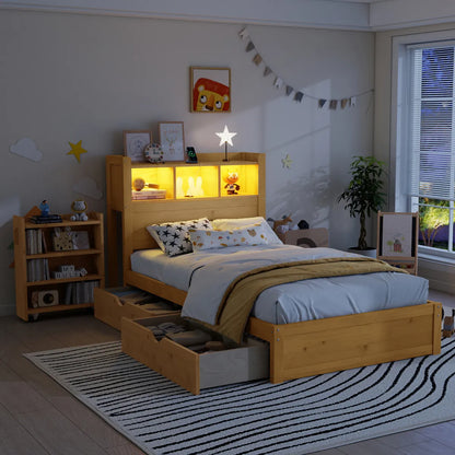 Twin Wood Bed Frame with Storage Headboard, Pull-Out Cabinet. – view 3