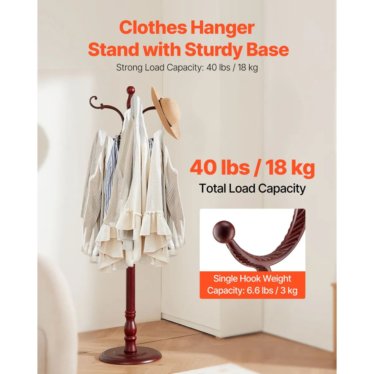 Freestanding Wooden Coat Rack with Weighted Base and 11 Hooks, Dark Brown