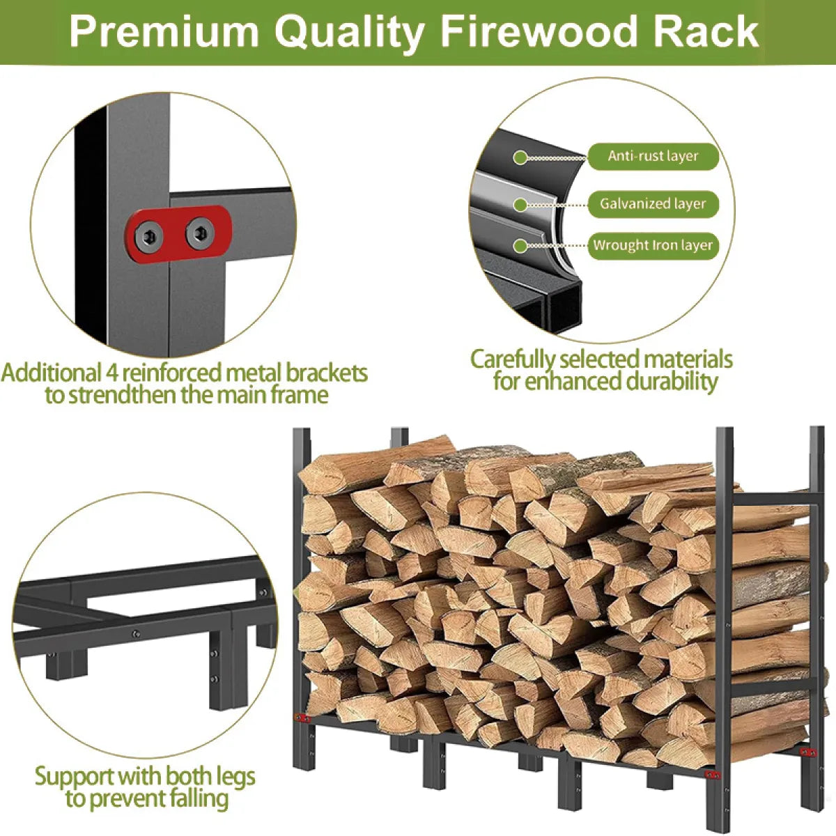 Outdoor Firewood Rack with Waterproof Cover, Heavy Duty Log Storage, Black