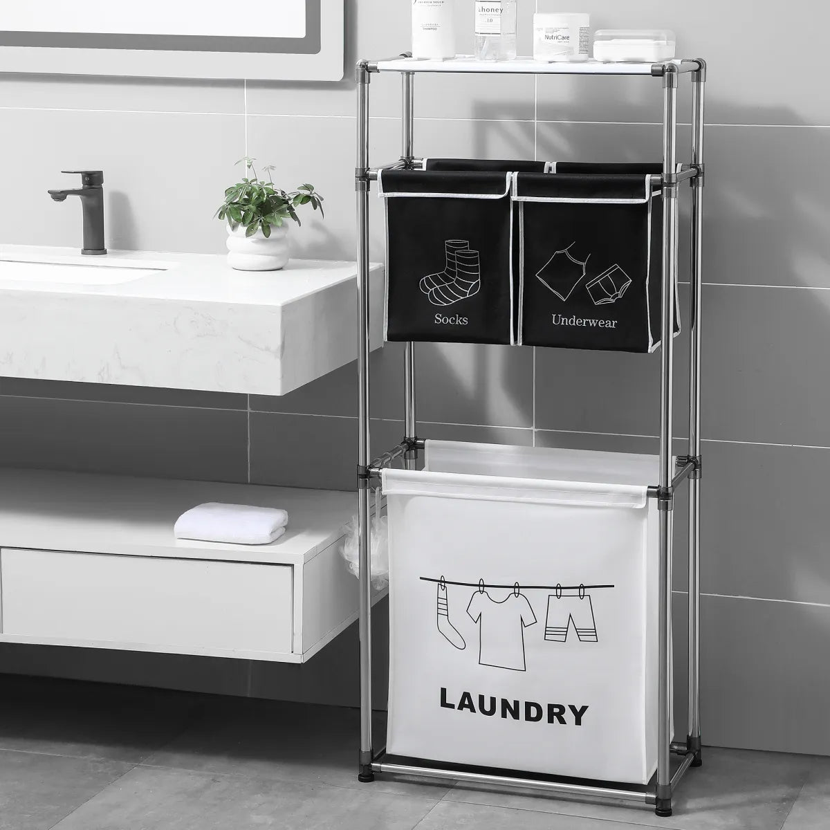 3-Tier Laundry Hamper Sorter with Removable Bags and Hooks, Black White