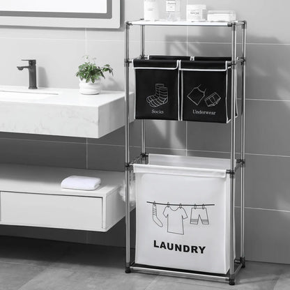 3-Tier Laundry Hamper Sorter with Removable Bags and Hooks, Black White