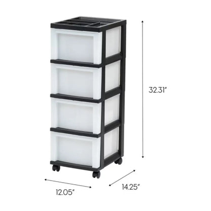 4-Drawer Narrow Rolling Storage Cart with Organizer Top, Black