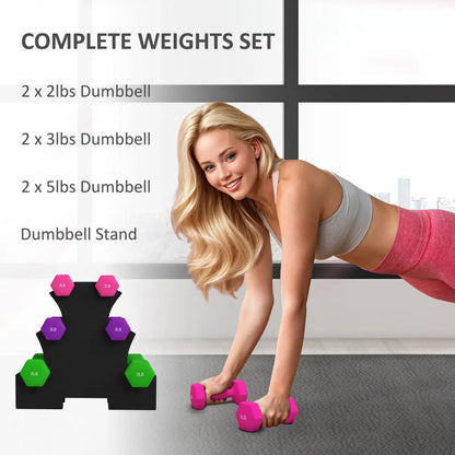 Dumbbell Set with Rack – 2, 3 & 5 lb Neoprene Hand Weights for Home Gym