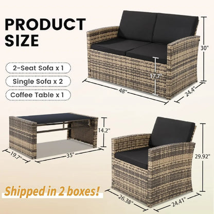 4-Piece Wicker Rattan Patio Conversation Set with Glass Table, Brown