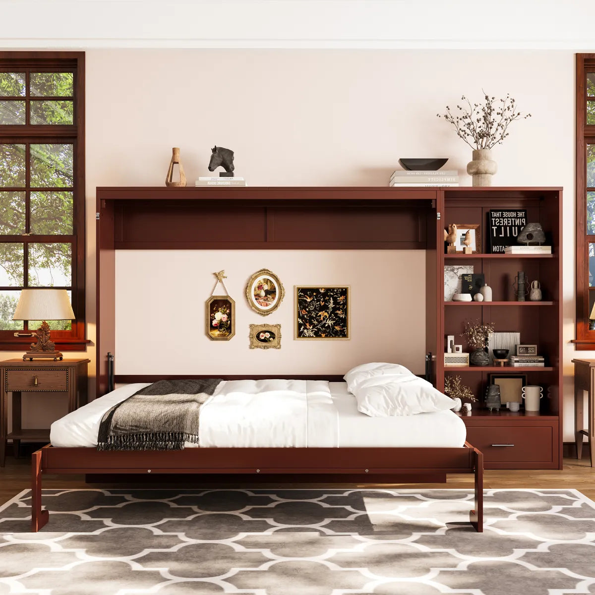 Queen Murphy Wall Bed with Adjustable Side Shelves and Drawer, Walnut